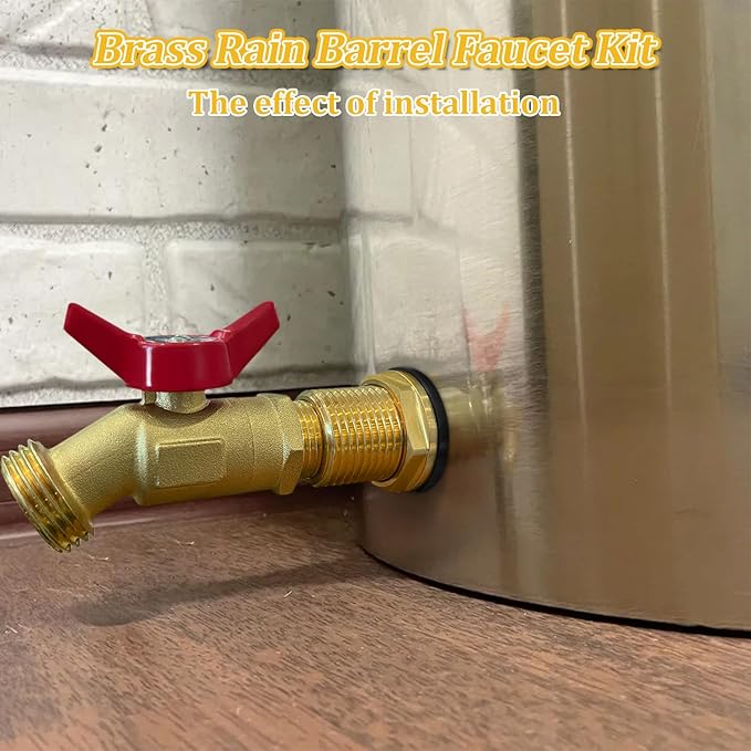 Brass Water Container Rain Barrel Faucets Spigot Kit 3/4" GHT Brass Rain Barrel Quarter Turn Ball Valve Spigot with Bulkhead Fitting Suitable for Garden Hose Thread Connection