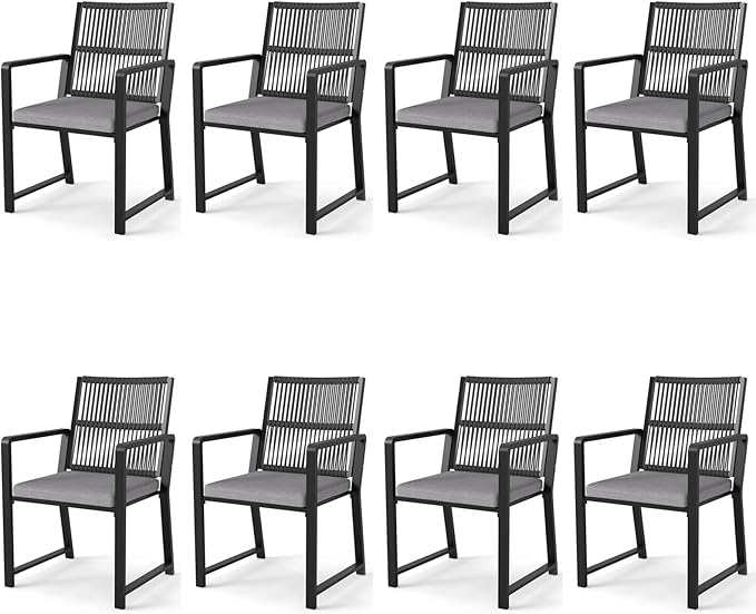 Outdoor Patio Wicker Rattan Dining Chairs, Heavy-Duty Wrought Iron Frame Supports 300lbs, Ergonomic Backrest, Detachable Breathable Cushion, for Garden & Porch, Black, Set of 8