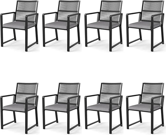 Outdoor Patio Wicker Rattan Dining Chairs, Heavy-Duty Wrought Iron Frame Supports 300lbs, Ergonomic Backrest, Detachable Breathable Cushion, for Garden & Porch, Black, Set of 8