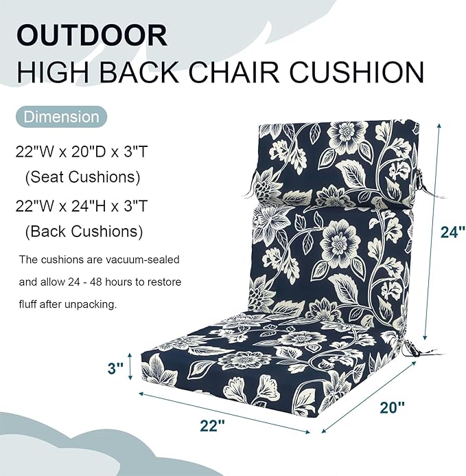 DYTXIII Outdoor High Back Chair Cushions Set of 2, 44"x22" Water Repellent Patio Seat Cushions with Elastic Sponge, All Weather Chair Pads for Rocking, Dining Chairs, Patio Furniture - Vines Navy