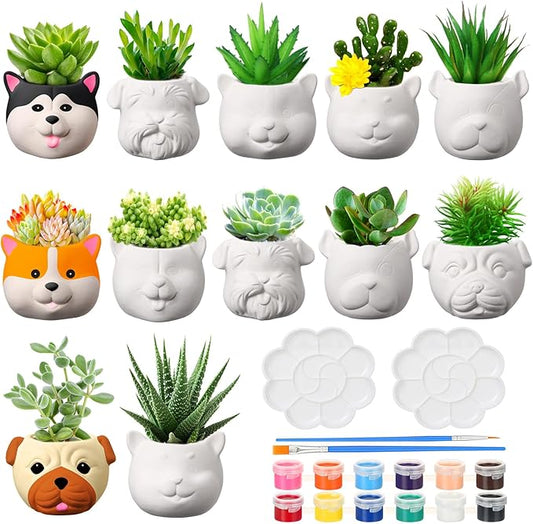Hushee 12 Sets Ceramic Succulent Planters Paintable Succulent Plant Pots Small DIY Figurines Unpainted Pots with Drainage Hole Color Paints Paintbrushes Palettes