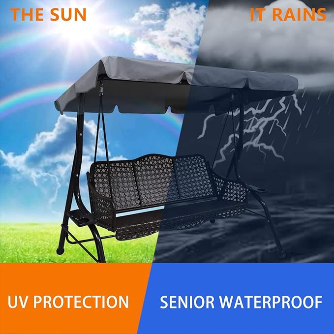 Outdoor Patio Swing Chair Canopy Replacement, 3 Seater Porch Swing Seat Canopy Cover, Waterproof Windproof Anti-UV Heavy Duty Rip Proof Garden Hammock Top Cover, Garden Furniture Covers (Grey, Large)