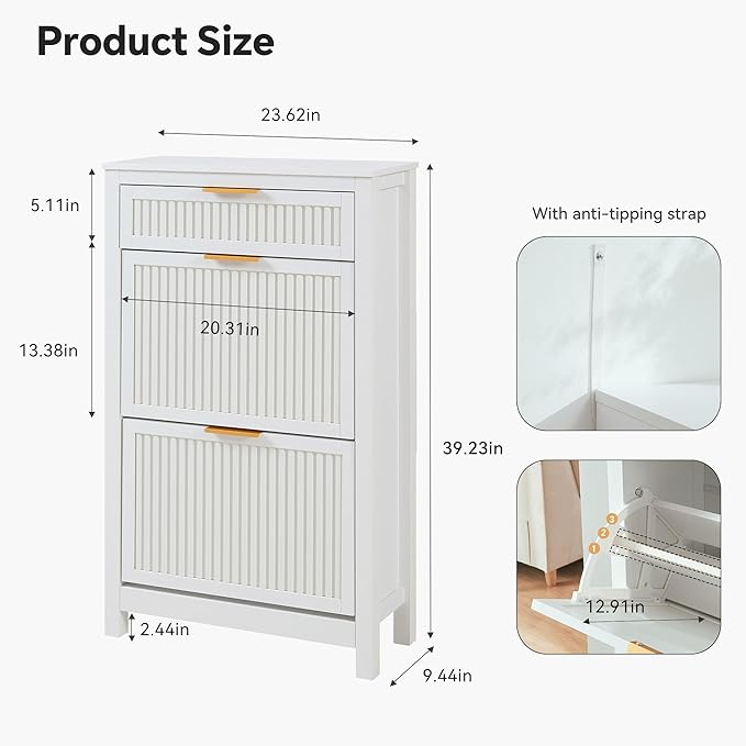 2-Flip Drawer Shoe Cabinet Narrow Entryway Rack, White