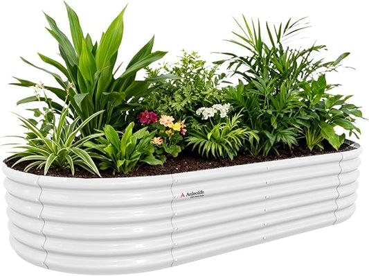 A ANLEOLIFE 8X4X1.5 ft Galvanized Raised Garden Beds Outdoor, Oval Large Metal Planter Box for Planting Vegetables Flowers Herb, Anti-Rust & Easy-Setup, Antique White