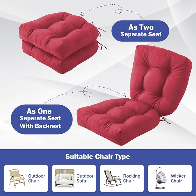 IPYNBAP Outdoor Chair Cushions Set of 2, Patio Chair Cushions with Ties, 19x19+5” Tufted Outdoor Seat Cushions, Waterproof Patio Furniture Cushions, Outdoor Dining Chair Pads, Burgundy (Pack of 2)