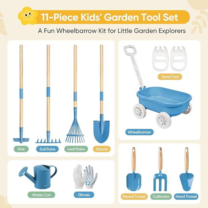 Grenebo Kids Gardening Set with Wheelbarrow, 11-Piece Outdoor Yard, Beach, STEM Garden Play Kit with Child-Sized Tools, Durable, Safe & Fun Gift Toy for Ages 2+ Kids Toddlers Boys Girls (Blue)