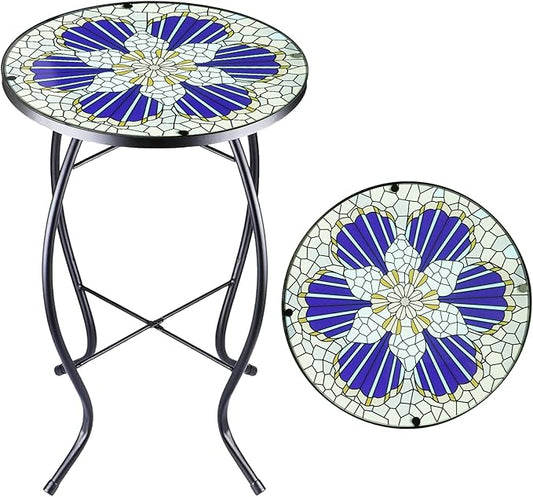 Arbuxzuy 12 Inch Small Outdoor Side Table with Blue Morning Glory, Glass Mosaic Patio Table Indoor, Round Plant Coffee Table for Living Room, Balcony, Garden