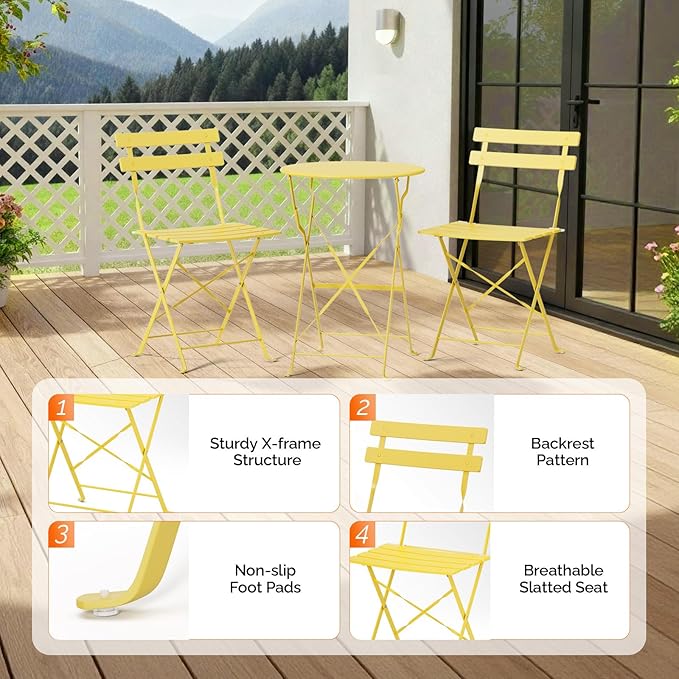 VINGLI Outdoor Folding Bistro Table and Chairs Set of 2, 3-Piece Bistro Set with Premium Steel Frame for Patio, Balcony, Garden, Porch, Yard, Yellow