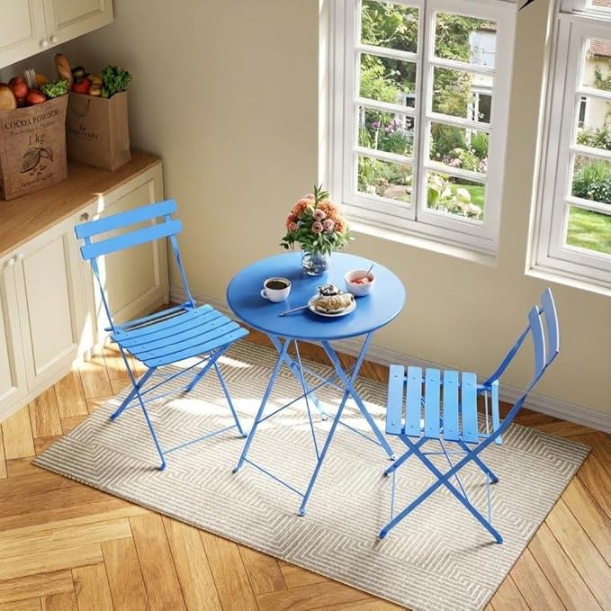 Garvee 3-Piece Folding Bistro Set Outdoor Patio Furniture, Space-Saving Foldable Chairs & Table with Heavy-Duty Powder-Coated Steel Frame, No Assembly Required, for Garden, Balcony, Backyard, Blue