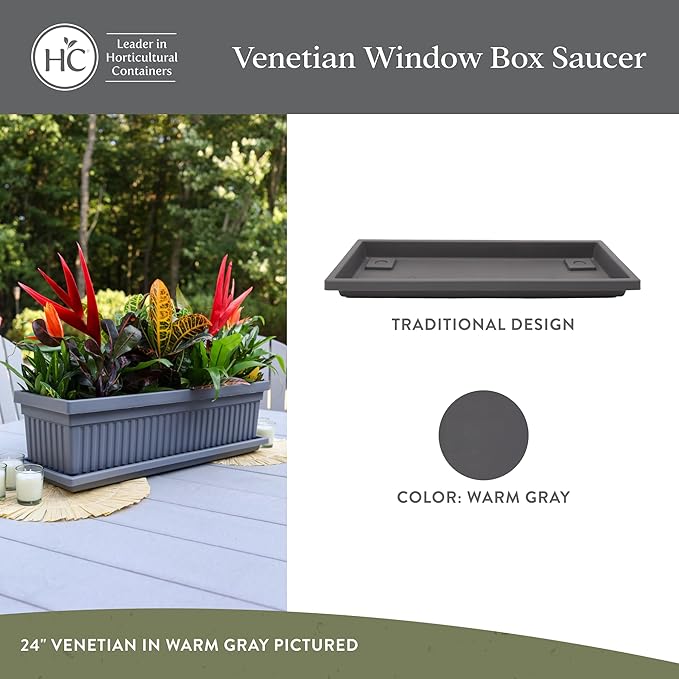The HC Companies Venetian Rectangular Plant Tray - 29.5" Saucer for 30" Planter Pot, Plastic Drip Tray for Drainage - Indoor & Outdoor Use, Warm Gray