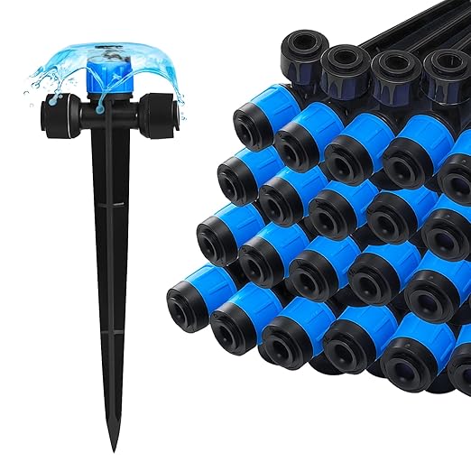Push-to-Fit Drip Irrigation Vortex Emitters for 1/4" Drip Irrigation Tubing, 20 Pcs Adjustable 360 Degree Water Flow Fan Shape Drippers with Stake in-Line Drip System Emitter
