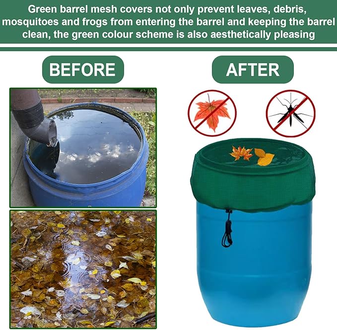 39“ Mesh Cover for Rain Barrel with Drawstring 2Pcs Rain Water Bucket Screen to keep Leaves and Debris from Falling into Bucket Green