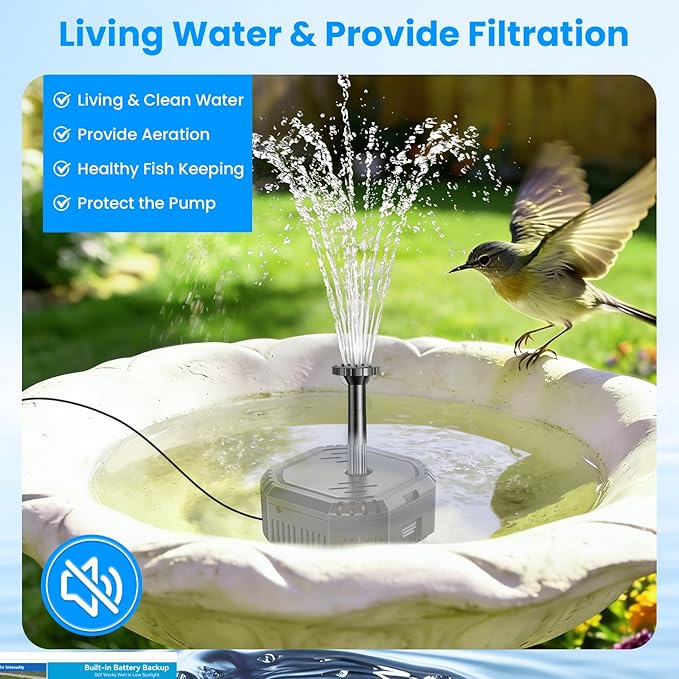 Antfraer 7W Solar Fountain Pump with 3600mAh Battery Backup & Pond Filter, Solar Water Fountain Pump with 8 Nozzles & PVC Tubing, Solar Fountain for Bird Bath, Small Ponds, Waterfall, Hydroponics
