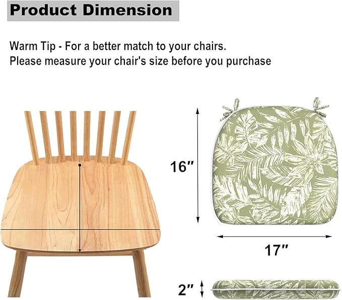 DYTXIII Set of 2 Outdoor Chair Cushions with Ties, Water Repellent Patio Chair Pads 17"x 16" for Outdoor Furniture, Round Corner Seat Cushions for Garden Yard Kitchen Tropical Leaf Green