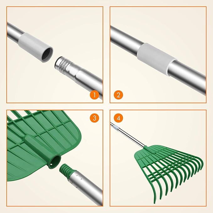 Gardzen 12 Tines Gardening Leaf Rake, Lightweight Steel Handle, Detachable, Ideal Camp Rake, Comes with Dustpan-Type Garden Bag, 2 Pack