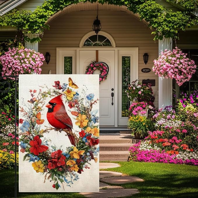 Red Bird Butterfly Flowers Garden Flag 12x18 Inch Double Sided Spring Summer Cardinal Colorful Floral Yard Outdoor Flag House Holiday Outside Decoration