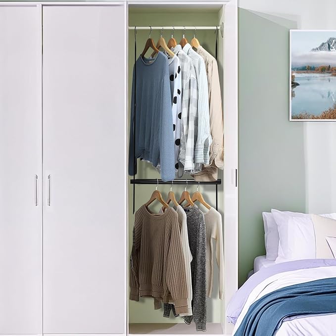 STORAGE MANIAC Hanging Closet Rod, Adjustable Width and Height Closet Hanging Organizer, Space-Saving Clothes Hanging Bar, Closet Extender Hanging Rod Double Closet Hanging Rod, 2 Pack Black