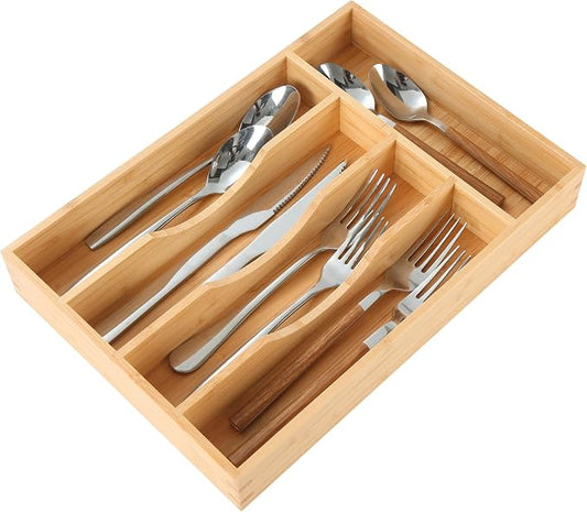Bamboo Kitchen Drawer Organizer, 8.25" Silverware Cutlery Organizer Small