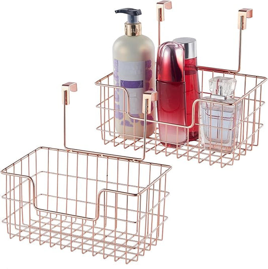 JUNCHU CHERRY Wire Hanging Storage Basket 2 Packs, Wall Mounted Kitchen Bathroom Storage Basket, Home Multi-Functional, no Punching, Bearing Strong, Suitable for Home, Office,Rose Gold