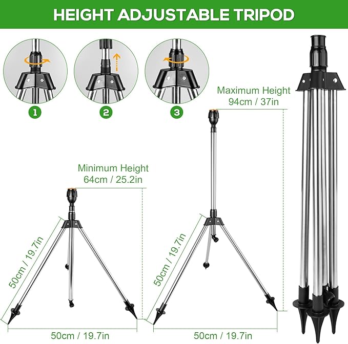 Rotating Tripod Sprinkler, Sprinklers for Lawn Garden Yard, 360 Degree Large Area Automatic Double-Sided Coverage, Telescoping Water Sprinkler with Metal Tripod Base