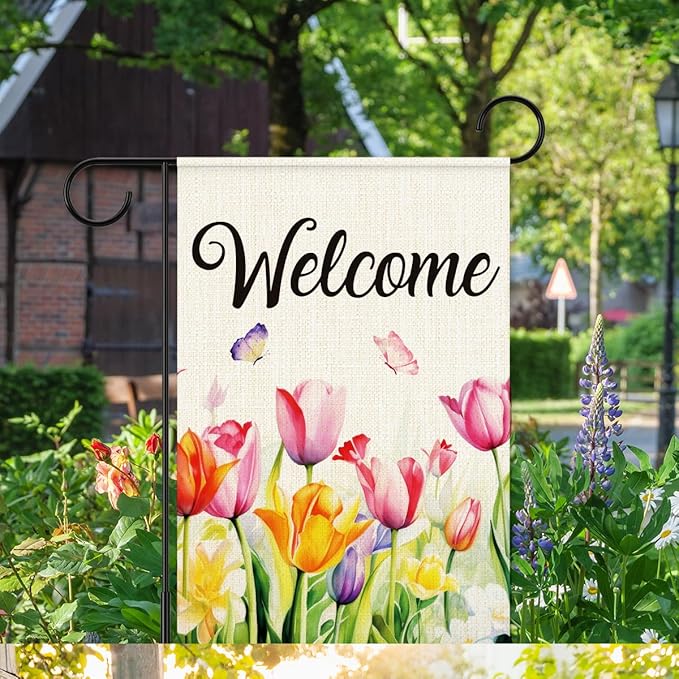 Welcome Flags for Outside,Spring Tulips Garden Flag for Yard Patio Lawn Decoration,12x18 Inch Double Sided
