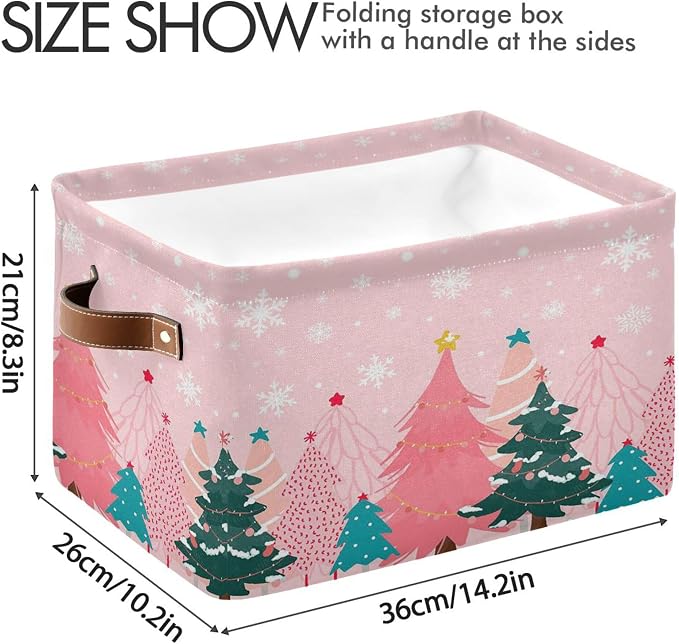 Christmas Tree Pink Storage Basket with Waterproof Liner and PU Handles Winter Snowflakes Xmas Bells Storage Bins Boxes 14.2" Collapsible Decorative Organizer Baskets for Bedroom Closet Office 2 Pack
