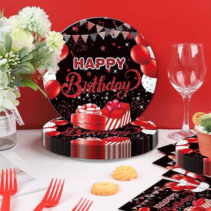 48Pcs Red and Black Birthday Decorations,Birthday Party Supplies Plates Napkins and Forks Set for Men Women，Serves 16