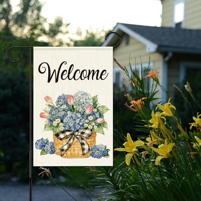 Welcome Flags for Outside,Spring Hydrangea Garden Flag for Yard Patio Lawn Decoration,12x18 Inch Double Sided