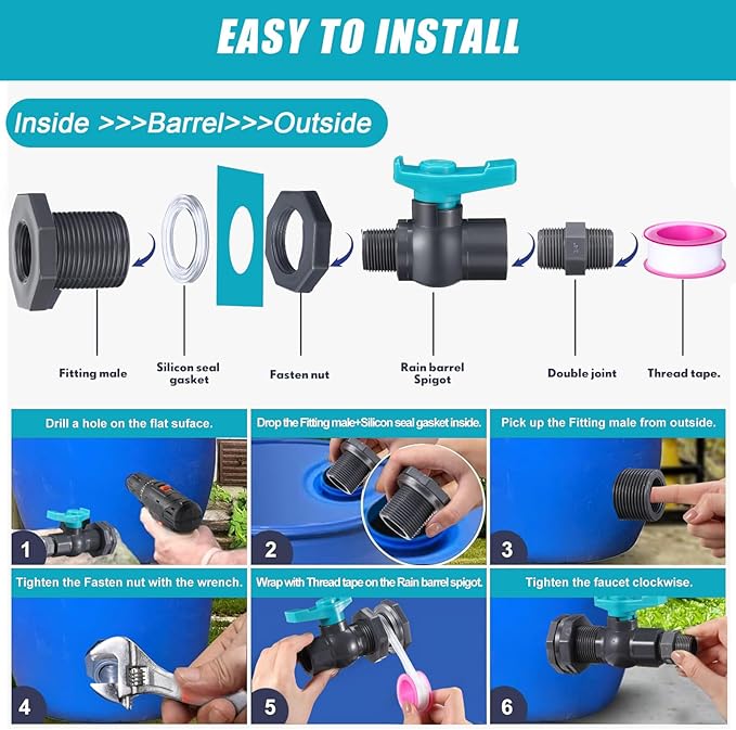 2 Sets 3/4 Inches Rain Barrel Spigot Kit Water Barrel PVC Garden Diverter Kit Include Bulkhead Fitting Hose Faucet Adapter and Thread Seal Tape for Home Outdoor(Simple Style)