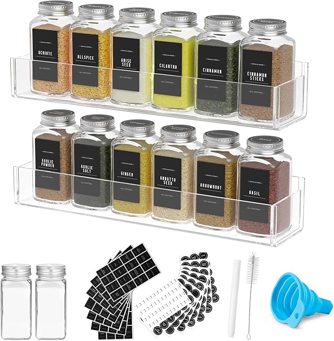 PMMASTO 2-Pack Clear Acrylic Self-Adhesive Spice Racks with 12 Empty Jars | Self-adhesive or Screw Mounting, 238 Spice Labels, Chalk Marker and Funnel, for Kitchen,Pantry Door And Bathroom Storage