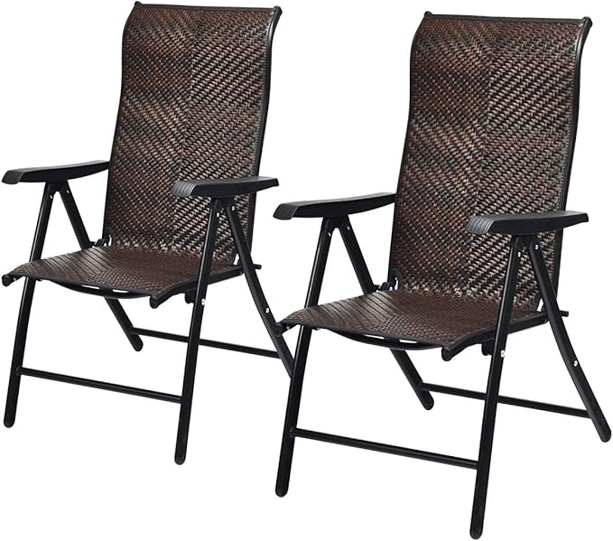 Tangkula Foldable Patio Wicker Dining Chairs Set of 2, Portable High Back Outdoor Wicker Chair with 5-Level Adjustable Backrest, No Assembly Reclining Chairs for Porch Deck Garden Balcony