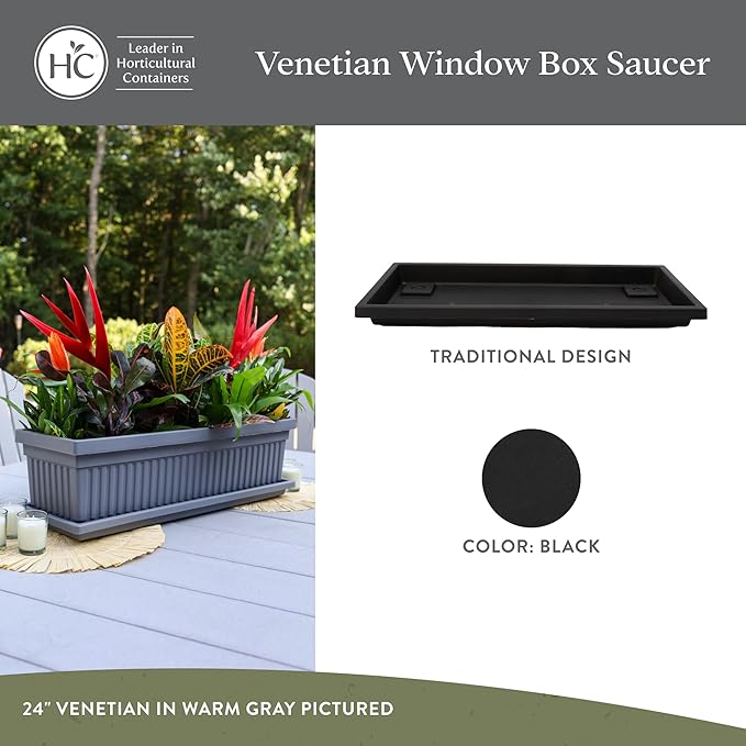 The HC Companies 29.5 Inch Venetian Rectangular Plant Saucer, Lightweight UV-Resistant Plastic Outdoor & Indoor Flower Pot Tray, 2-Pack Plant Pot Trays for Garden & Home Decor, Black