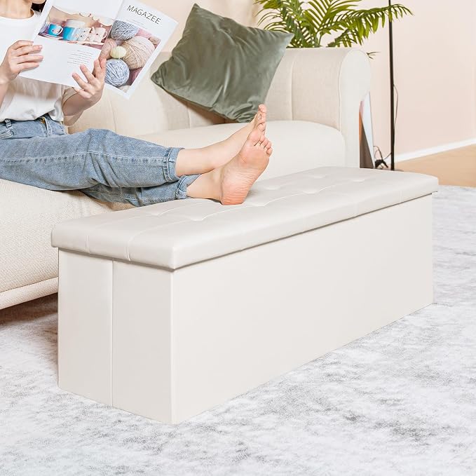 PINPLUS Folding Storage Ottoman Bench with Tray, Beige Faux Leather | Ottoman Storage Chest with Removable Tray, Footrest and Coffee Table Use for Living Room, Bedroom and Entryway