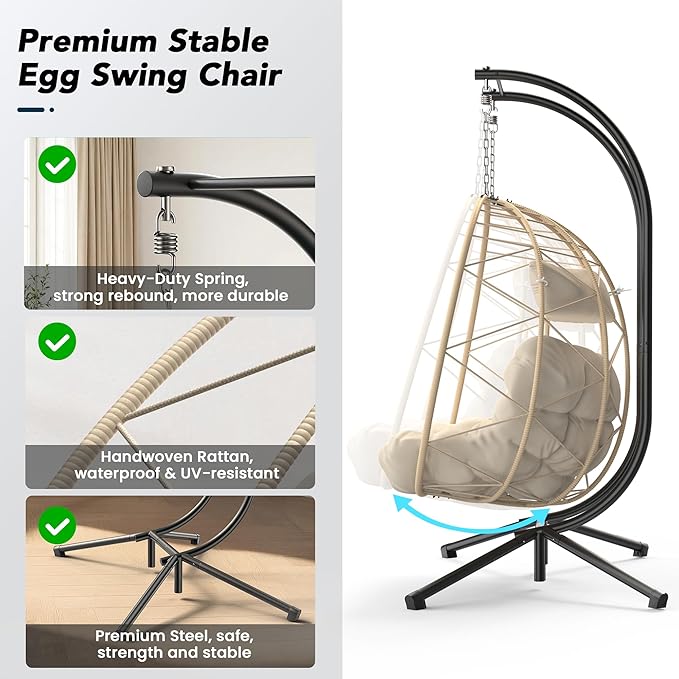 Easyego 2-Person Wicker Hanging Egg Chair with Stand- 700 lb Capacity, Indoor/Outdoor Double Egg Swing Hammock Chair for Patio, Garden, Porch, Living Room, Bedroom-Khaki