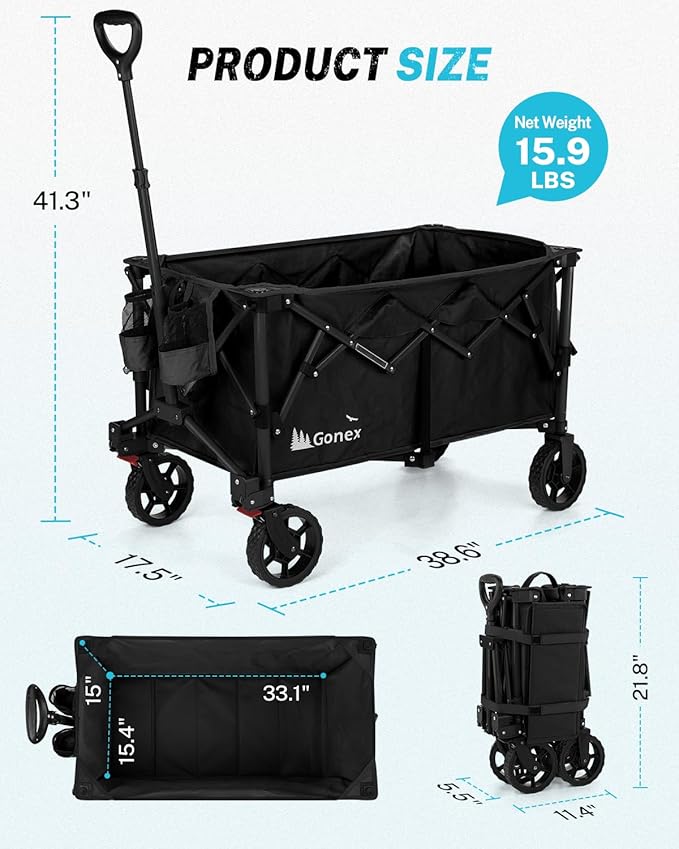 Gonex 220L Collapsible Foldable Wagon Cart with 360lbs Weight Capacity, 38''L Folding Utility Garden Cart with Detachable Wheels for Grocery Sports Shopping Camping - Black