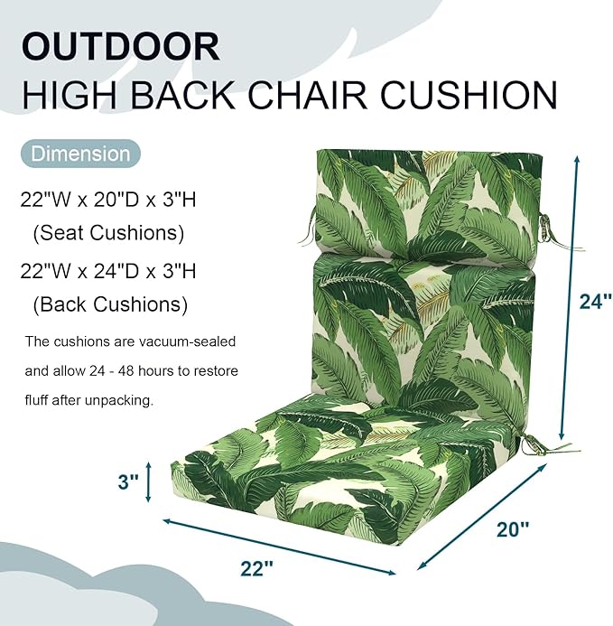DYTXIII Outdoor High Back Chair Cushions Set of 2, 44"x22" Water Repellent Patio Seat Cushions with Elastic Sponge, All Weather Chair Pads for Rocking, Dining, Patio Furniture - Swaying Palms Green
