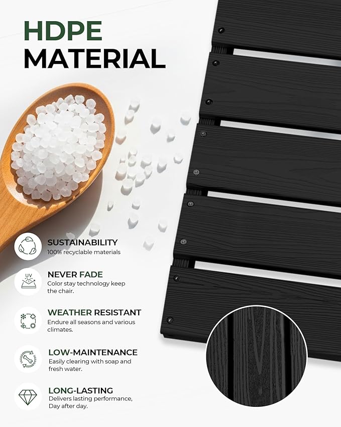 Patio Chairs, HDPE Outdoor Dining Chairs with Wide Seat, All Weather Oversized Porch Chair for Garden, Backyard, Deck - Black