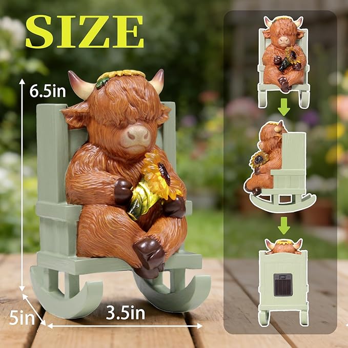 Sheaifun Solar Garden Statues Highland Cow Garden Decor Resin Highland Cow Statue with Light Animal Figurine Outdoor Yard Patio Lawn Decoration Housewarming Gardening Gifts for Women 3.5 * 5 * 6.5 in