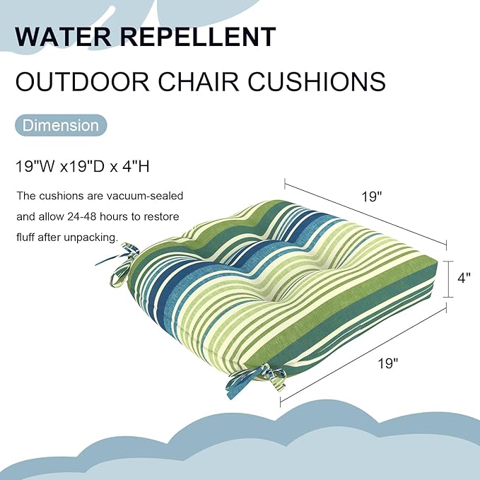 DYTXIII Set of 2 Outdoor Chair Cushions 19"x19"x4", Water Repellent Tufted Patio Seat Cushions with Ties, Thick Replacement Pads for Wicker Dining Chairs, Patio Furniture, Stripe Blue Green