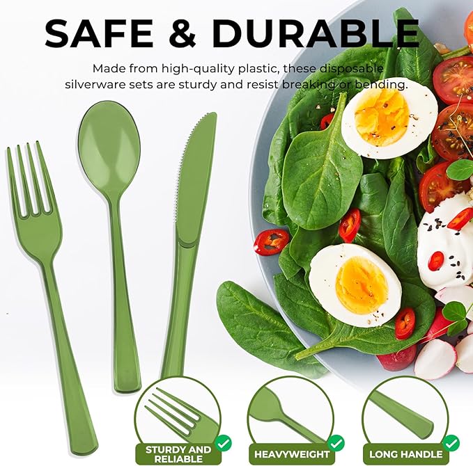150 PCS Plastic Silverware Disposable Silverware Heavy Duty Utensil Sets 50 Of Each Forks Knives & Spoons Disposable Cutlery Set For Easter,Birthday,Baby Shower,Garden Party,Wedding(150,Olive Green)