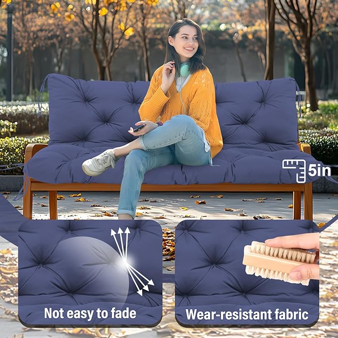 Extra Thick 5" Waterproof Porch Swing Cushions Outdoor 60 inch Swing Cushions 3 Seater Replacement with Backrest and Ties for Outdoor Furniture Patio Bench Garden(Navy Blue)