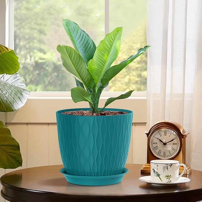 WSMKSZ 7 inch Flower Pots, 5 Pack Plant Pots with Drainage Holes and Saucers for Indoor Plants, Plastic Planters with Water Ripple for Small Garden House Plants, Nursery Pots for Succulent, Blue Green