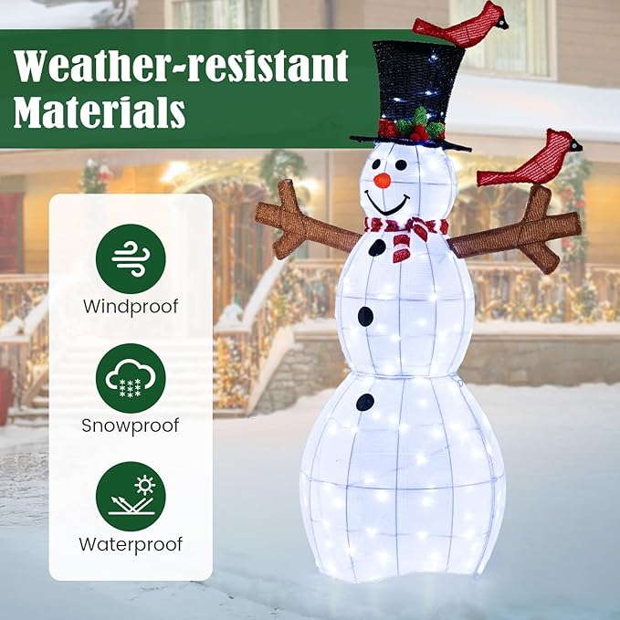 Tangkula 4.8 FT Christmas Lighted Snowman with Red Birds, Indoor Outdoor Pre-Lit Xmas Snowman with 120 LED Lights, Zip Ties & Ground Stakes, Snowman Holiday Decoration for Front Porch, Yard, Garden