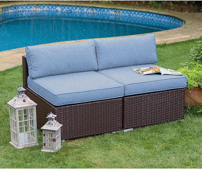 COSIEST 2-Piece Outdoor Furniture Add-on Armless Chairs for Expanding Chocolate Brown Wicker Sectional Sofa Set w Heritage Blue Thick Cushions for Garden, Pool, Backyard