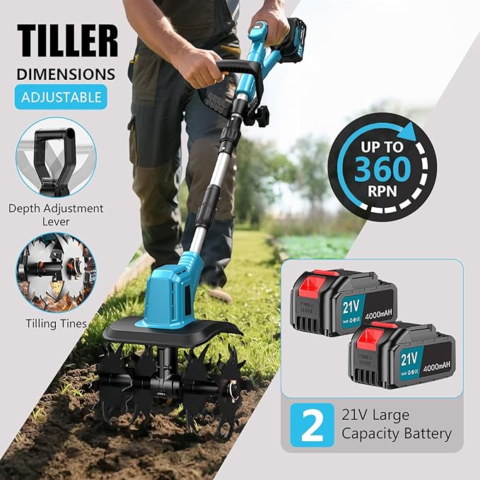 21V Electric Cordless Tiller Cultivator, 360RPM Garden Tiller with 2 x 4.0Ah Batteries Charger, 12In Tilling Width & 8In Depth Garden Rototiller for Lawn, Gardening, Soil Cultivation (Blue-1)