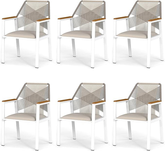 Aluminum Outdoor Patio Dining Chairs - Imitation Rope Vine Chair, Ergonomic Backrest Design Detachable Seat Cushion Soft and Breathable Garden Porch, White, Set of 6