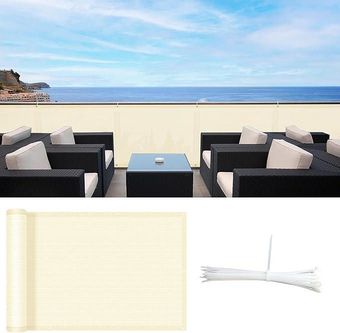 SUNLAX 3'x9' Butter Cream Balcony Privacy Screen Fence Windscreen Cover Fabric Shade Netting Mesh Cloth with Grommets UV Protection for Patio, Backyard, Porch, Railing Shield 90%