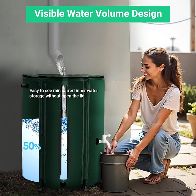 FAMIROSA 50 Gallon / 200L Rain Barrel, Collapsible Rain Barrels to Collect Rainwater from Gutter with Spigots and Overflow, 500D PVC Portable Rain Water Collection Catching System, Water Catcher Tank