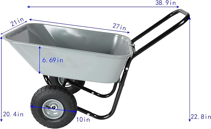 Dual Wheel Garden Wheelbarrow, 35L Heavy Duty Dual Wheel Yard Cart with 10" Pneumatic Tires, Leak-Proof No-Hole Design, Grey ABS+Steel Frame for Garden, Yard & Construction (Grey)