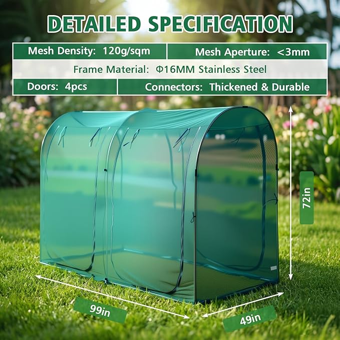 99x49x72inch Crop Cage for Garden, Large Tunnel Plant Netting Cover,4 Roll-Up Zipper Door Garden Cage,Bug Netting Cover for Vegetables &Fruits,Durable Raised Garden Ded Covers Garden Netting